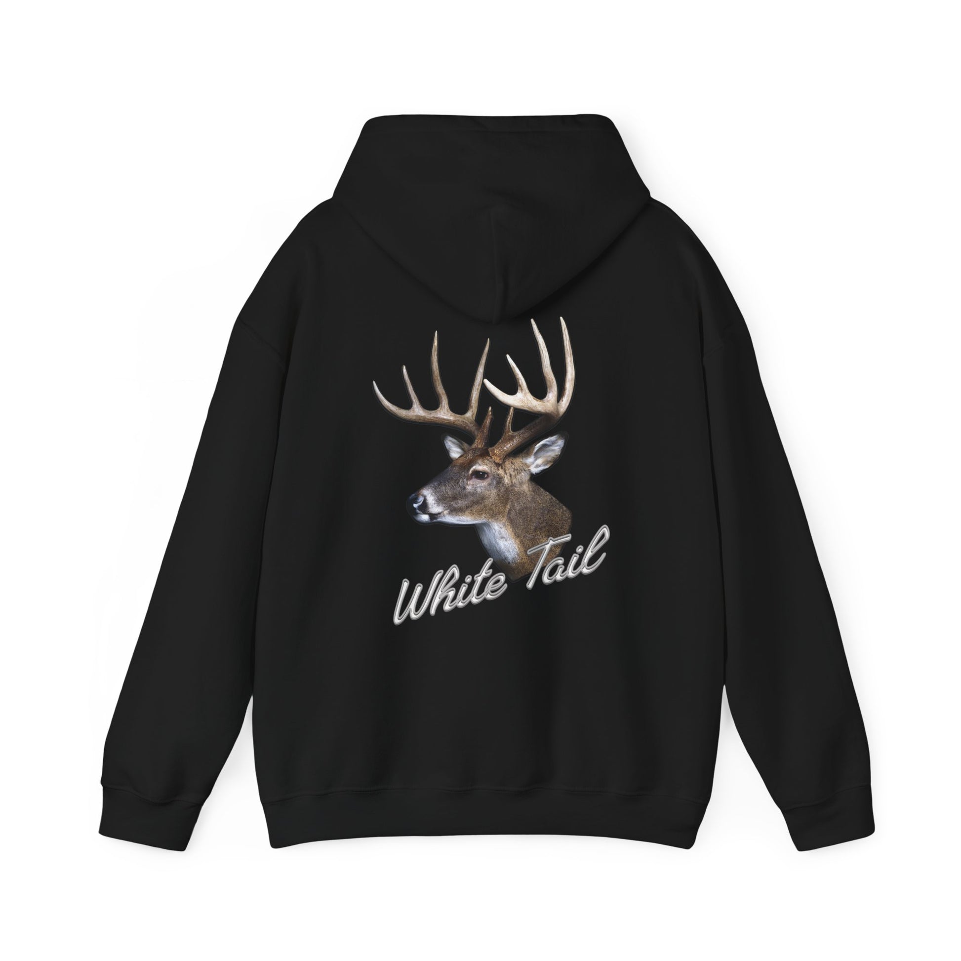 White-Tail Hunter's Tribute hoodie with a graphic of a deer head and the words "white tail" printed below it on the back. The hoodie has a hood and is displayed against a white background.