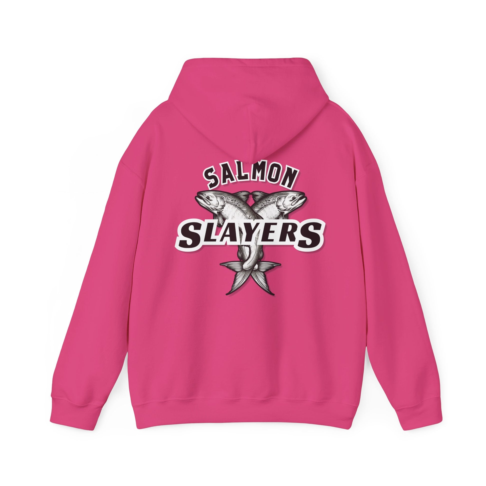 A black Salmon Slayers - Twin Salmon Logo - Cotton/Poly Blend Hoodie with the text "Salmon Slayers" on the back. The text is stylized with a Twin Salmon Logo featuring two intersecting salmon fish positioned above the word "Slayers." Made from ethically grown cotton, it has a front pocket and a drawstring hood.