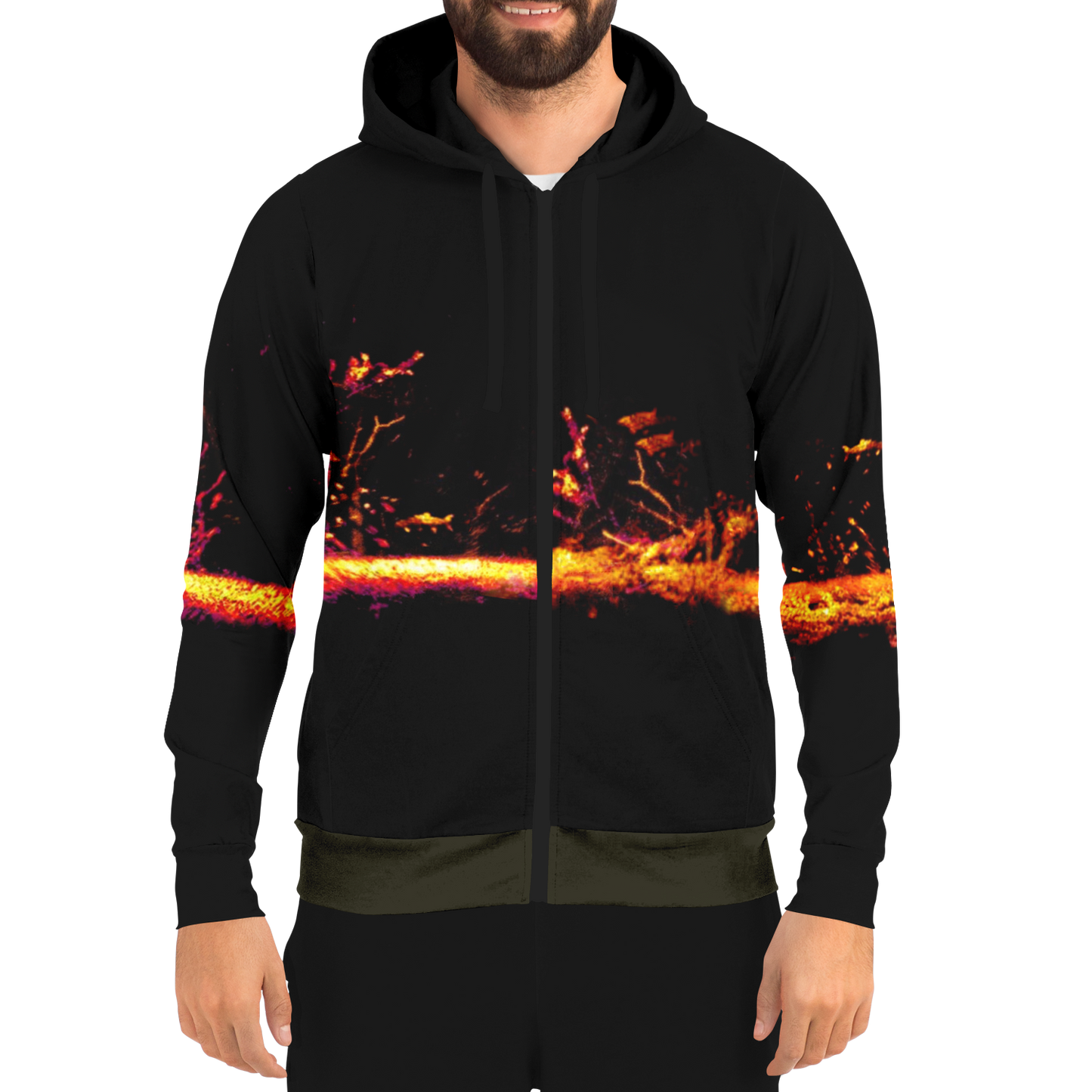 Front view of Sonar Live Zip-Up Hoodie with vibrant sonar screen pattern, front pocket, and drawstring hood.