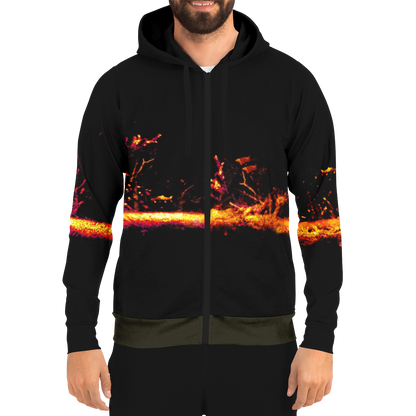 Front view of Sonar Live Zip-Up Hoodie with vibrant sonar screen pattern, front pocket, and drawstring hood.