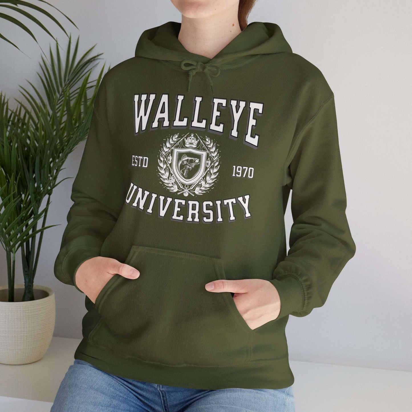 A gray Walleye University - Cotton/Poly Blend Hoodie - 7 Colors with the text "Walleye University" in large black letters and "ESTD 1970" underneath, accompanied by a Walleye University Crest. A red diagonal banner reads "Personalize Year." The hoodie has a front pocket and drawstrings, perfect for showing angler pride.