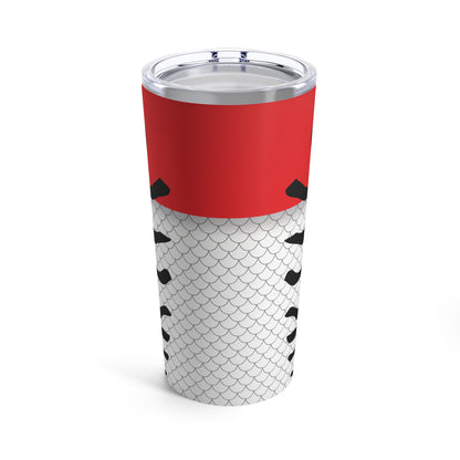 Introducing the "Lure - Red & White - Printed Tumbler - 20oz": a tall, cylindrical tumbler with a lid. Crafted from stainless steel with double-wall insulation, this tumbler resembles a fish, featuring a red top with a black eye and a white bottom decorated with black scales and curved lines that mimic the body and tail.