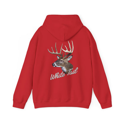 White-Tail Hunter's Tribute hoodie with a graphic of a deer head and the words "white tail" printed below it on the back. The hoodie has a hood and is displayed against a white background.