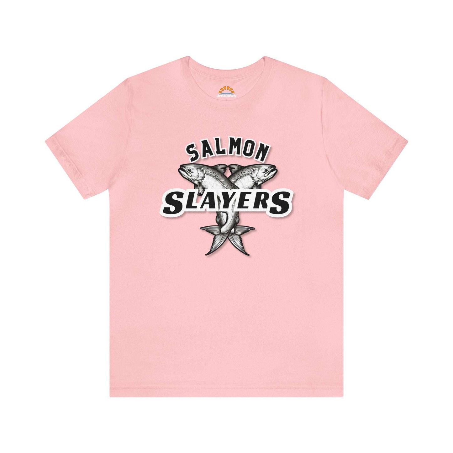 Unisex Slamon Slayer - Twin Salmon - T-shirt featuring a graphic with two crossed fish and the words "salmon slayers" in bold, stylized lettering, displayed on a plain background.