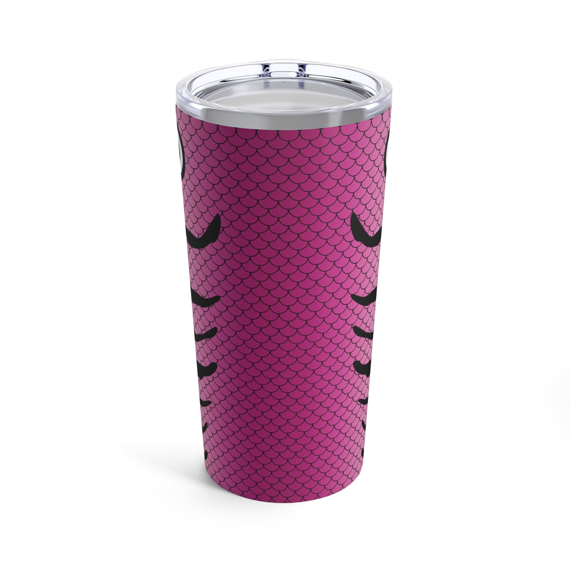 The Lure - Pink & Purple - Printed Tumbler - 20oz features a tall, pink design with a fish scale pattern and a single, large cartoonish eye near the top. This fishing lure tumbler offers double-wall insulation and comes with a clear plastic lid.