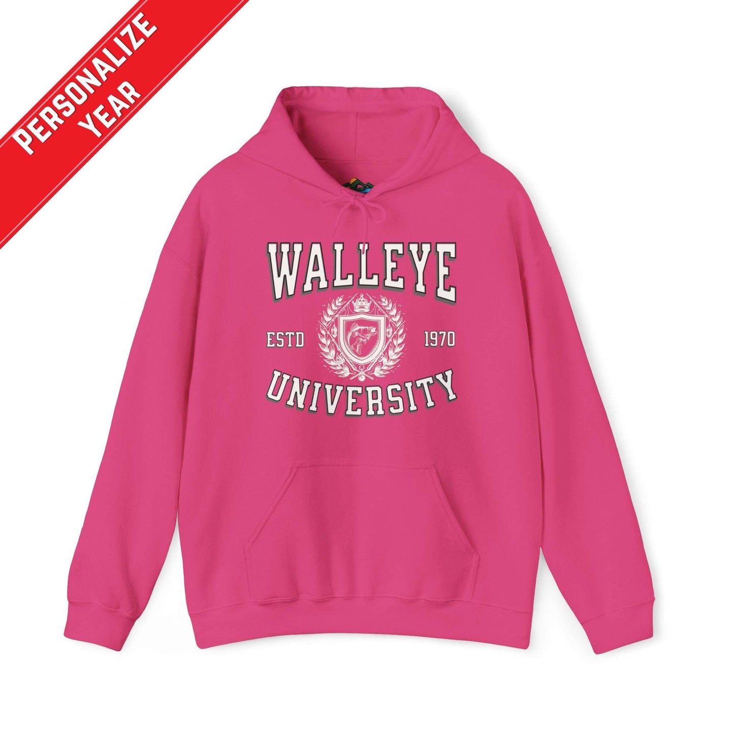 A gray Walleye University - Cotton/Poly Blend Hoodie - 7 Colors with the text "Walleye University" in large black letters and "ESTD 1970" underneath, accompanied by a Walleye University Crest. A red diagonal banner reads "Personalize Year." The hoodie has a front pocket and drawstrings, perfect for showing angler pride.