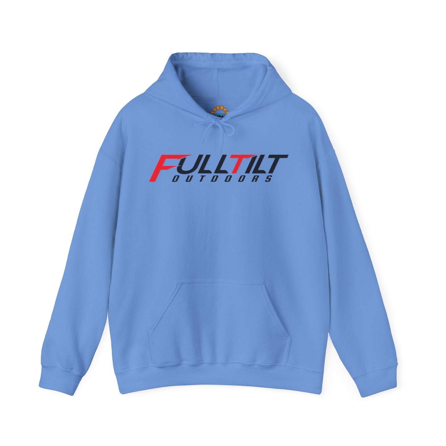 Gray Full Tilt Outdoors - Angry Eagle - Cotton/Poly Blend Hoodie with "fulltilt outdoors" printed in black and red letters on the front, featuring a drawstring hood and a plain back.