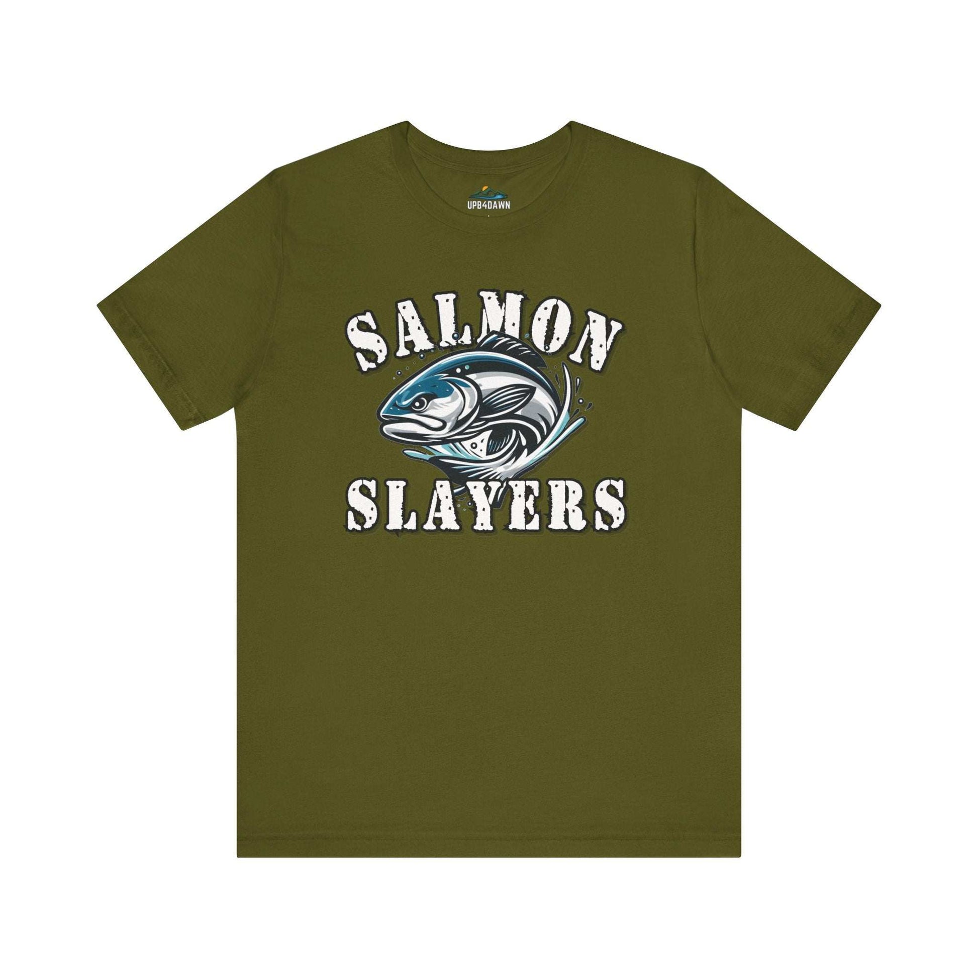 A blue unisex T-shirt made from 100% Airlume cotton featuring the text "Salmon Slayers" in bold, white, distressed letters. Below, an illustration of a fierce-looking fish with sharp teeth and dynamic lines suggests movement. Enjoy fast shipping on this striking design: **Slamon Slayers - Fierce Flash - T-Shirt**.