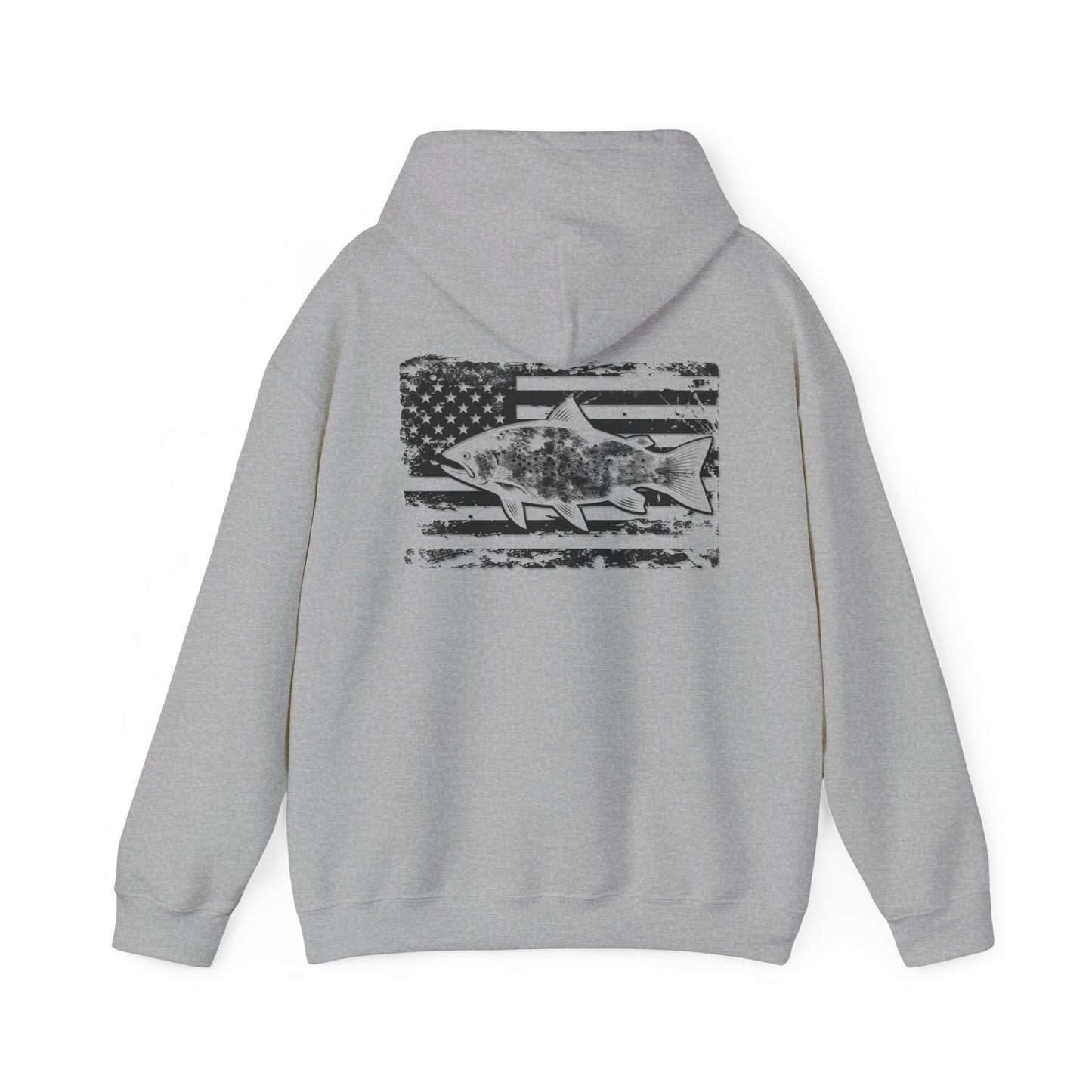 The Reeling In Freedom - Cotton/Poly Blend - Hoodie, ideal for any fishing enthusiast, is depicted from the front and back. The front showcases a small fish graphic accompanied by "Feeling of Freedom" text on the left chest, while the back prominently features a large fish graphic set against a distressed American flag design, celebrating American pride.