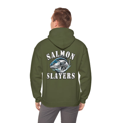 A Salmon Slayers - Fierce Flash - Cotton/Poly Blend Hoodie featuring a graphic of a salmon in mid-swim, with water splashes around it, and the text "Salmon Slayers" printed above and below the fish in bold, white letters with a distressed texture. Crafted from ethically grown US cotton for ultimate comfort.