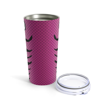 The Lure - Pink & Purple - Printed Tumbler - 20oz features a tall, pink design with a fish scale pattern and a single, large cartoonish eye near the top. This fishing lure tumbler offers double-wall insulation and comes with a clear plastic lid.