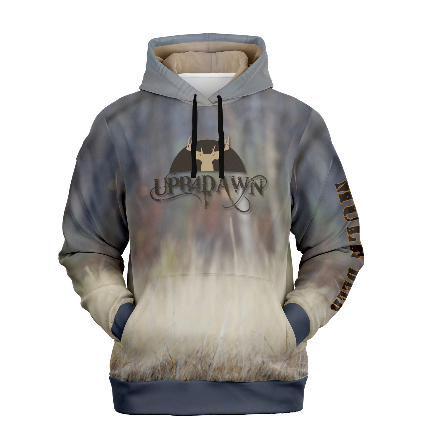 A hoodie with a nature-inspired design, featuring a gradient of earthy tones from top to bottom, transitioning from dark brown and blue to light beige and cream. The center displays an "UPB4DAWN" logo with stylized antlers. The right sleeve has "COMPANY" printed vertically, perfect for any Majestic Mule Deer - Tri-Blend Hoodie enthusiast.