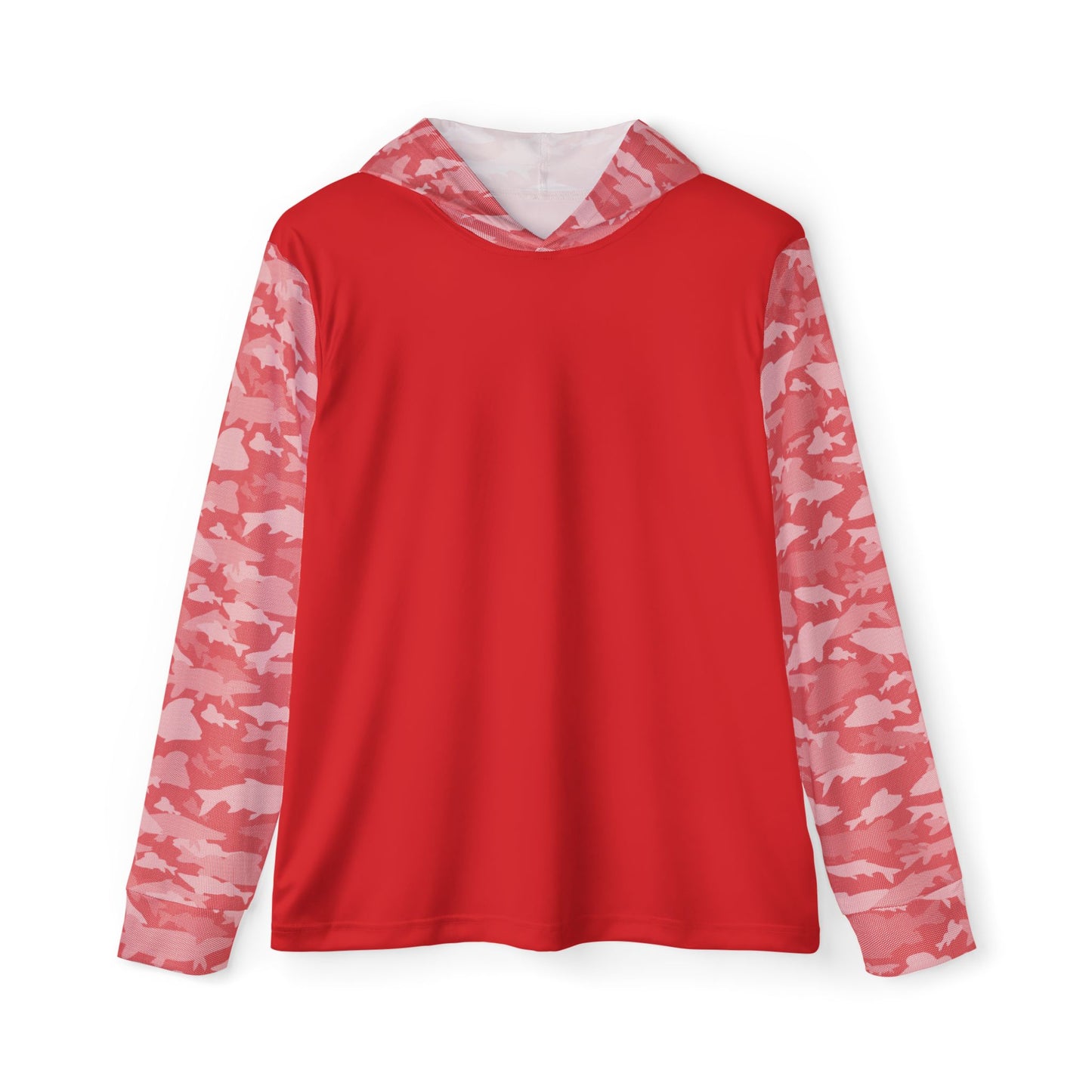 The CastAway Camo Sun Protection Hoodie UPF +50 in red, crafted from moisture-wicking polyester and featuring a solid red torso with pink fish camo-patterned sleeves and hood, is laid flat against a white background.