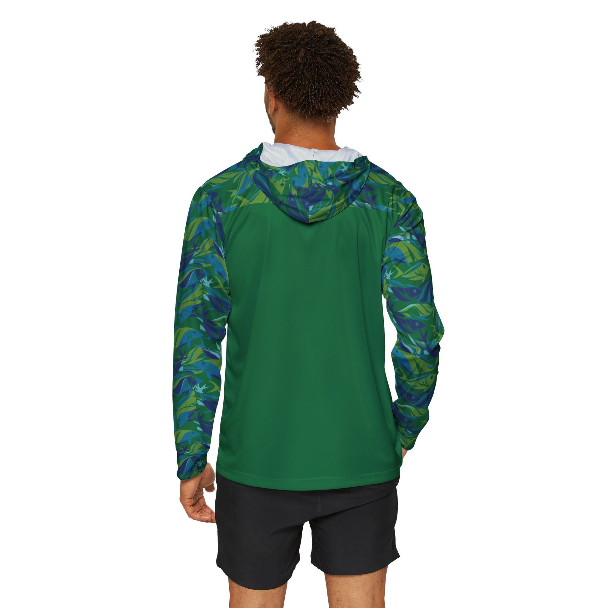 Green sun protection hoodie with whimsical fish print, UPF +50, men's sizing, moisture-wicking polyester.