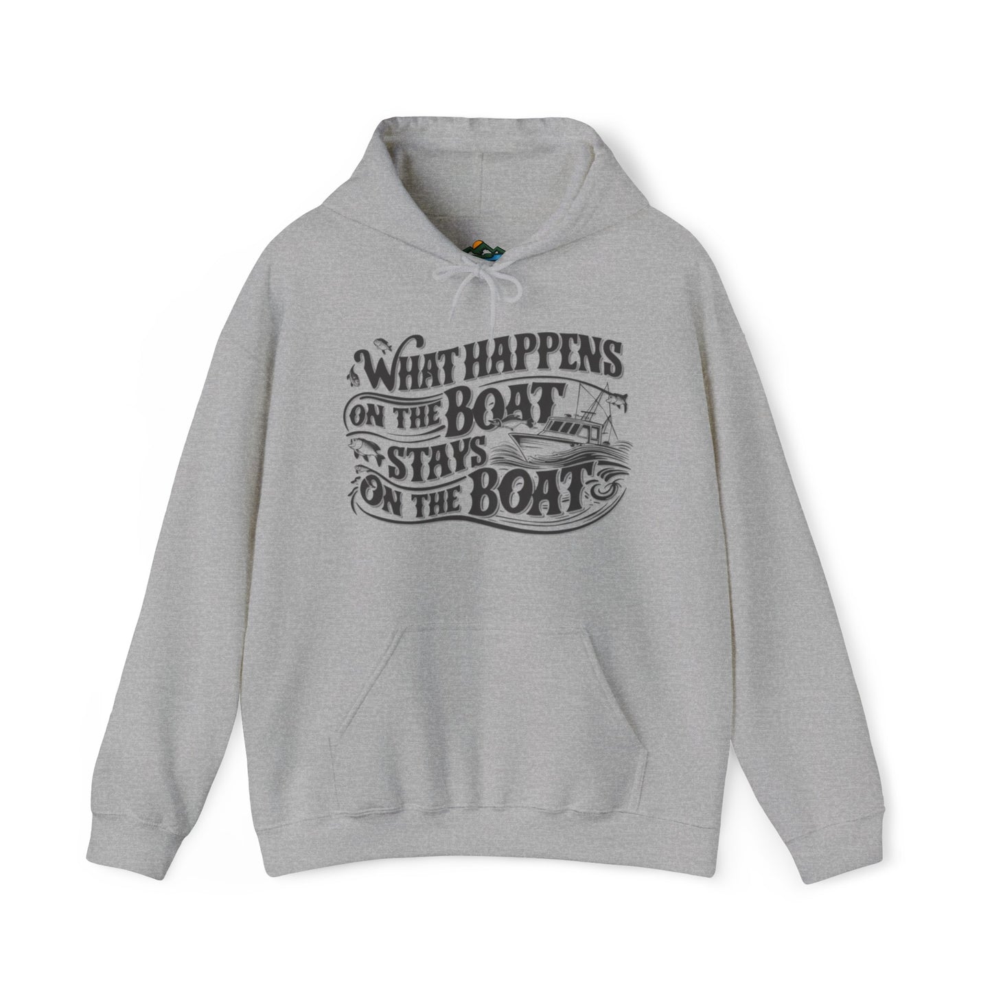 What Happens on the Boat, Stays on the Boat - Cotton/Poly Blend Hoodie - 7 Color Choices featuring white text that says "What Happens on the Boat Stays on the Boat" with fishing hooks and a boat illustration integrated into the design. The unisex hooded sweatshirt has a front pocket and drawstring hood, perfect for those with an adventurous spirit.