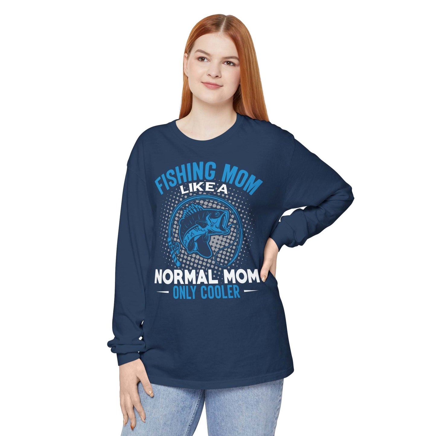 Navy blue long-sleeve t-shirt featuring the text "Fishing Mom Like a Normal Mom Only Cooler" with a graphic of a fish and stylized water splash in a circular design.