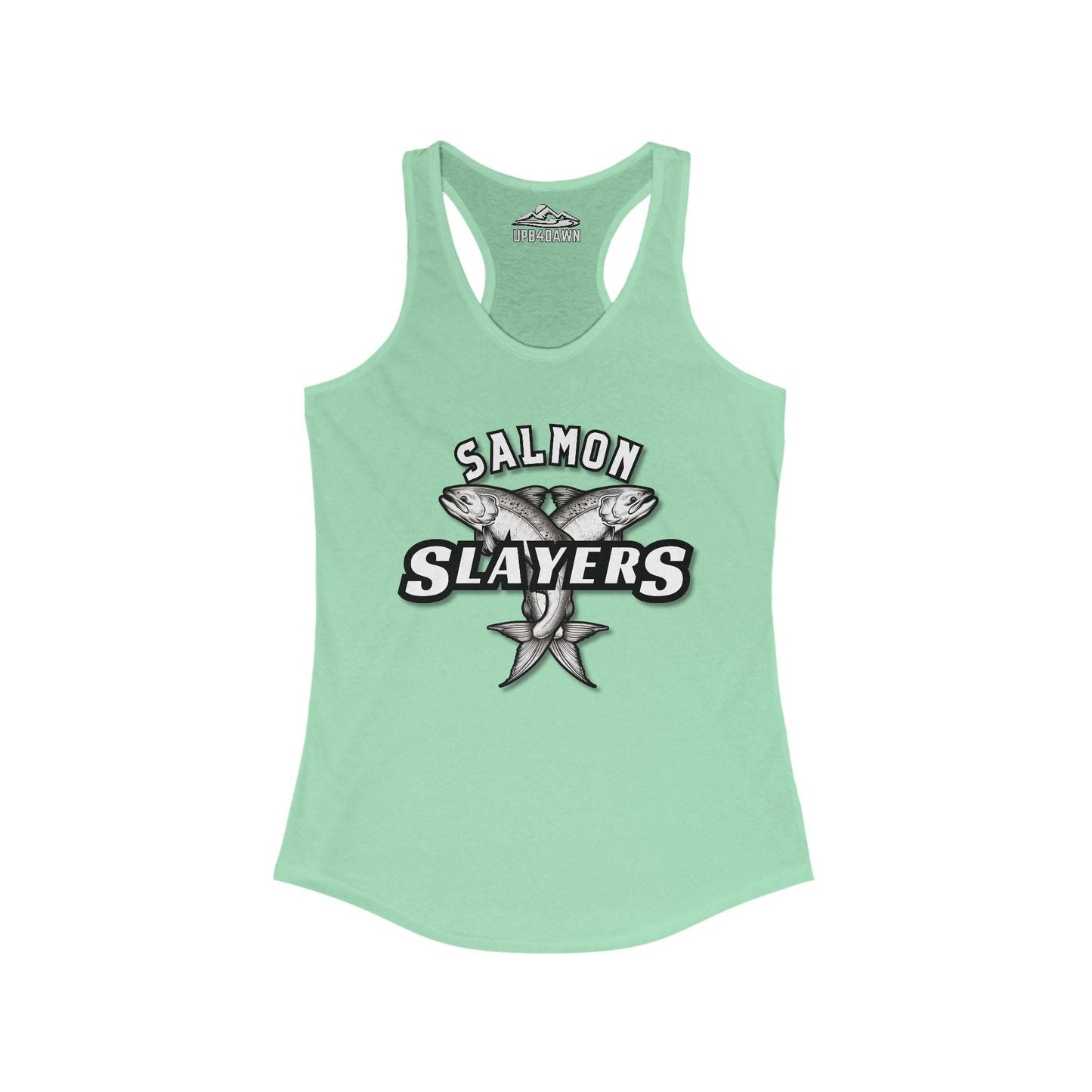 A light green Salmon Slayers - Twin Salmon - Women's Racerback Tank Top featuring a high-quality print of two illustrated salmons crossed in the center. Above the fish, the text reads "SALMON" and below it, "SLAYERS" in bold, white-edged letters. The slim fit tank top has a casual and sporty design suitable for everyday wear.