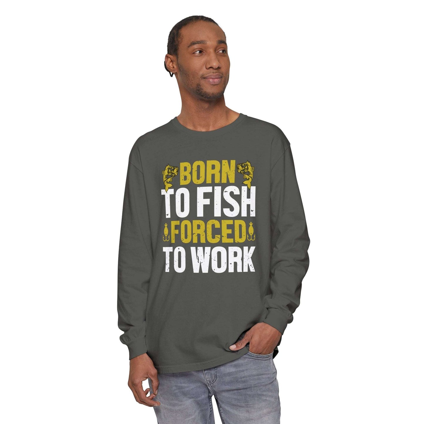 A black long-sleeve Born to Fish, Forced to Work cotton t-shirt with the text "born to fish, forced to work" printed in bold yellow and white letters, flanked by fishing hook graphics.