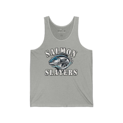 A dark green unisex jersey tank top featuring the text "Salmon Slayers" in bold, distressed white letters. Below the text is a high quality print illustration of a salmon, predominantly blue and gray, with fishing hooks. Made from Airlume combed cotton, the brand name "Up & Clown" is visible on the inner label. This product is known as Salmon Slayers - Fierce Flash - Unisex Tank Top.