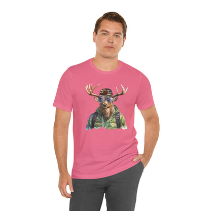 A Chill Hunter Big Buck - T-Shirt with a graphic print of a deer wearing a camouflage jacket and sunglasses, blending human and animal elements in an amusing hunter humor design.