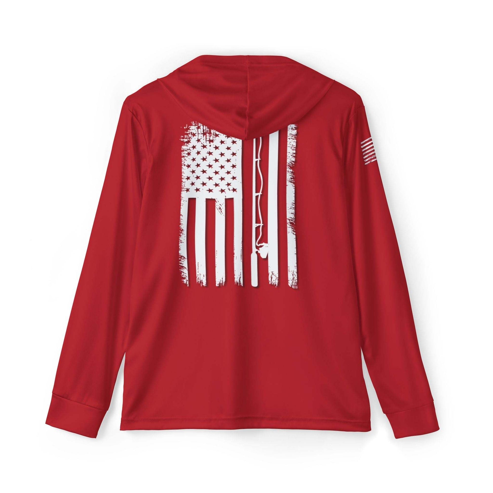 The Patriotic - Sun Protection Long Sleeve with Hood UPF +50 - Red is a must-have for fishing apparel enthusiasts, featuring a distressed white American flag print on the back and a smaller flag on the sleeve. It offers excellent UPF +50 protection, making it perfect for your outdoor adventures.