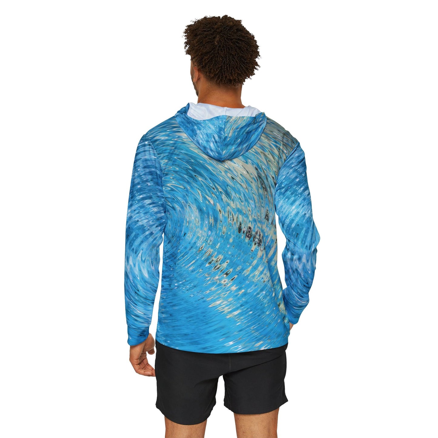 Blue sun protection hoodie with water ripple design, UPF +50, lightweight and breathable for anglers.