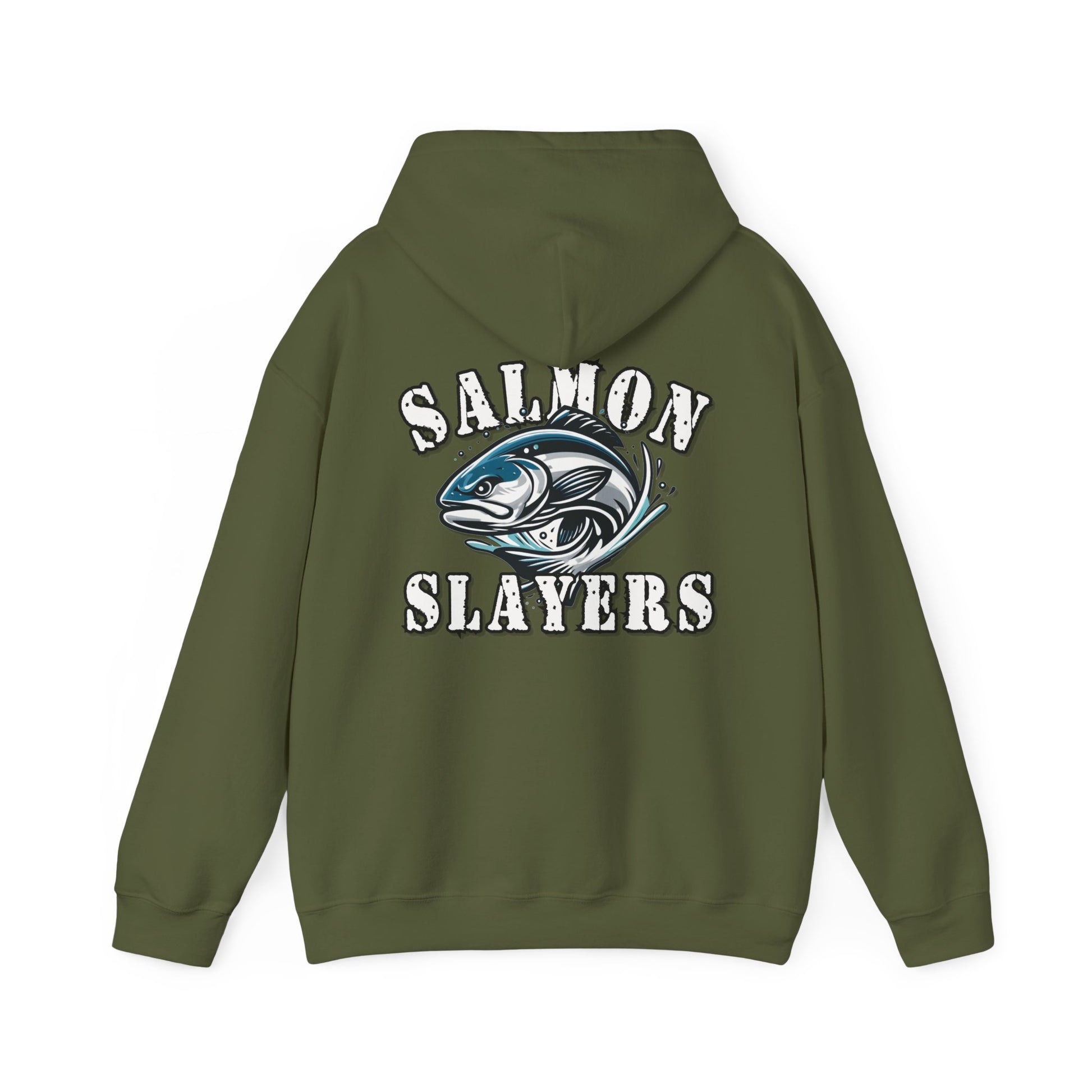 A Salmon Slayers - Fierce Flash - Cotton/Poly Blend Hoodie featuring a graphic of a salmon in mid-swim, with water splashes around it, and the text "Salmon Slayers" printed above and below the fish in bold, white letters with a distressed texture. Crafted from ethically grown US cotton for ultimate comfort.