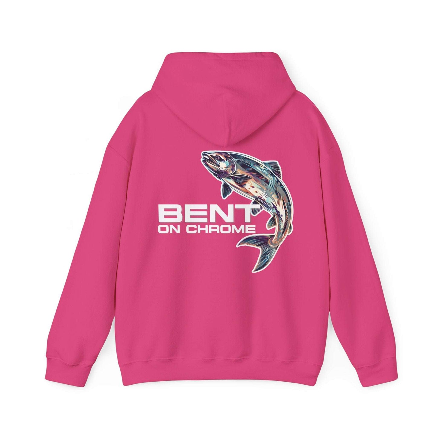 A Bent On Chrome - Silver Salmon - Cotton/Poly Blend Hoodie featuring a colorful graphic of a fish, with the text "Bent On Chrome" underneath, displayed on a white background.