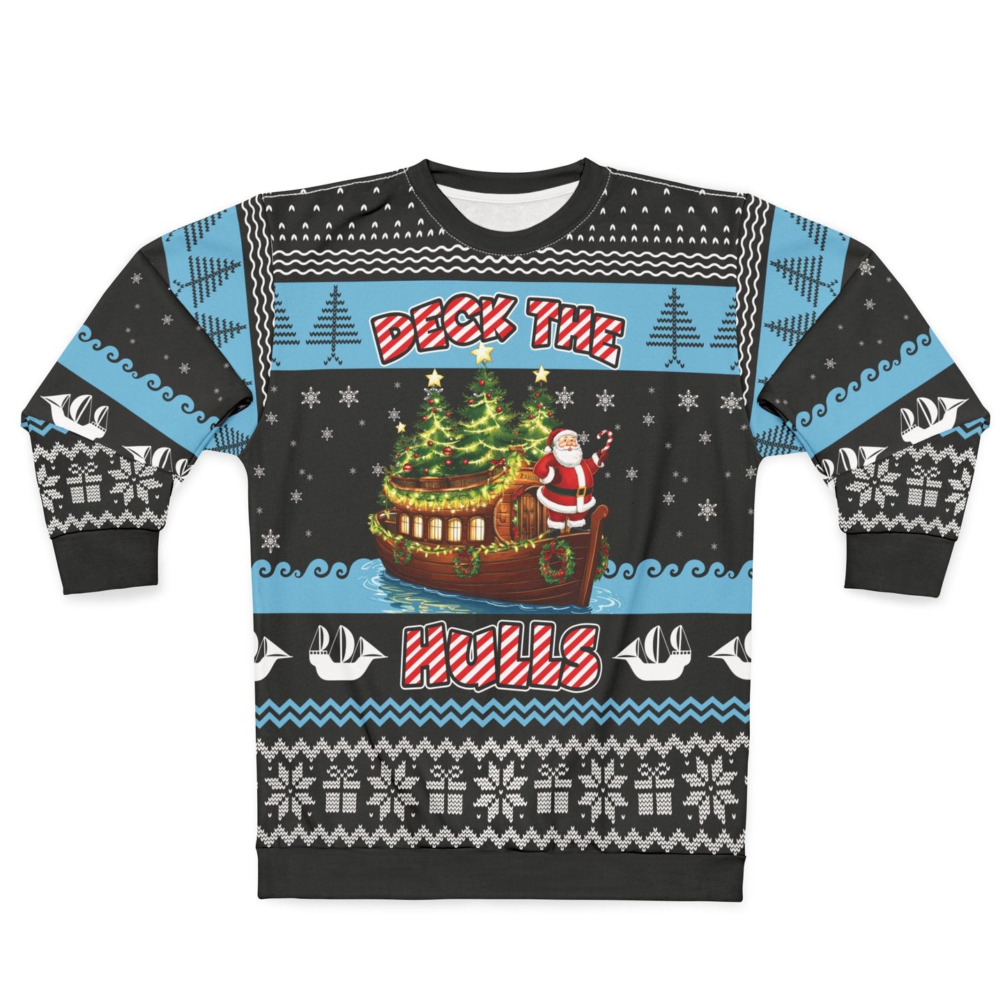 Presenting the "Deck the Hulls - Ugly Christmas Sweatshirt," a festive nautical holiday sweater with red and white candy-cane stripes, featuring the phrase "Deck the Hulls" and an image of Santa Claus steering a decorated boat. The sweater is adorned with patterns of snowflakes, waves, trees, and gifts in black, blue, and white.