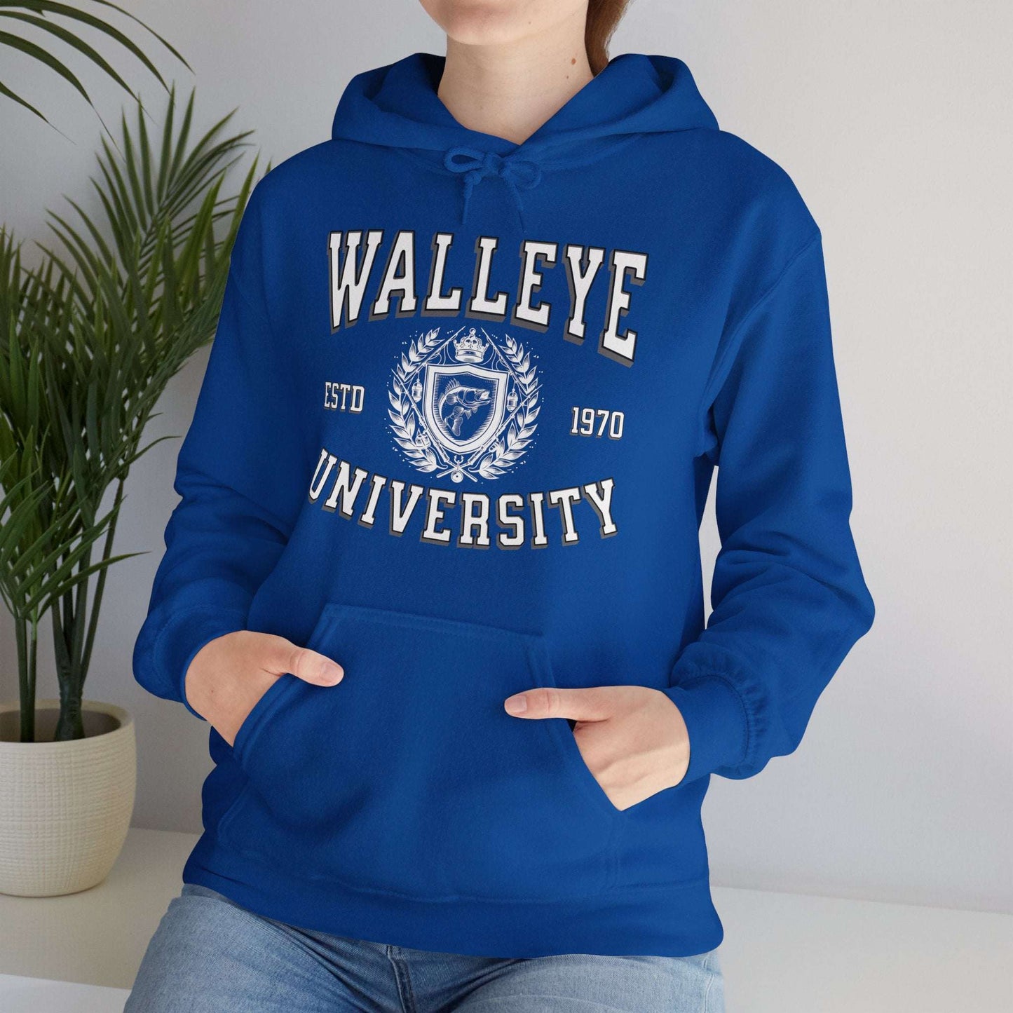 A gray Walleye University - Cotton/Poly Blend Hoodie - 7 Colors with the text "Walleye University" in large black letters and "ESTD 1970" underneath, accompanied by a Walleye University Crest. A red diagonal banner reads "Personalize Year." The hoodie has a front pocket and drawstrings, perfect for showing angler pride.