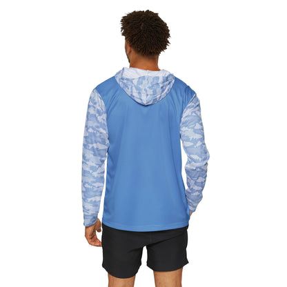 A light blue hooded long-sleeve CastAway Camo Sun Protection Hoodie UPF +50 with white and blue camouflage pattern on the sleeves and hood. The chest area features a small logo with mountains and the text "UP B4 DAWN." Crafted from moisture-wicking polyester, it offers UPF +50 protection, perfect for any outdoor adventure.