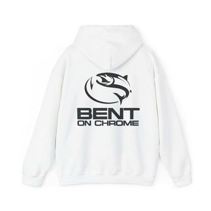 Bent On Chrome hoodie featuring a graphic of a stylized fish above the "Bent on Chrome" text printed on the back. The hoodie's overall design is simple and sporty, embodying an ang