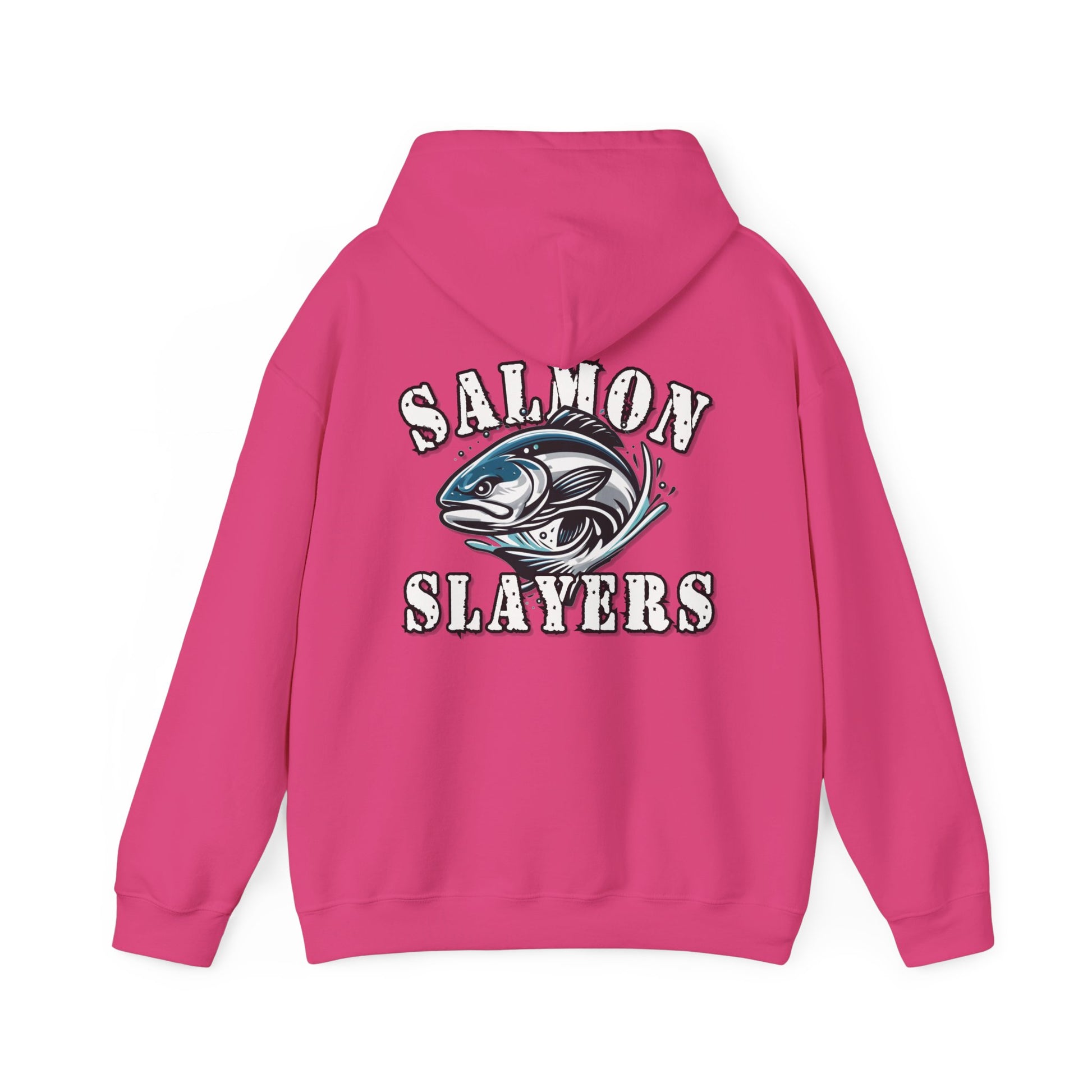 A Salmon Slayers - Fierce Flash - Cotton/Poly Blend Hoodie featuring a graphic of a salmon in mid-swim, with water splashes around it, and the text "Salmon Slayers" printed above and below the fish in bold, white letters with a distressed texture. Crafted from ethically grown US cotton for ultimate comfort.