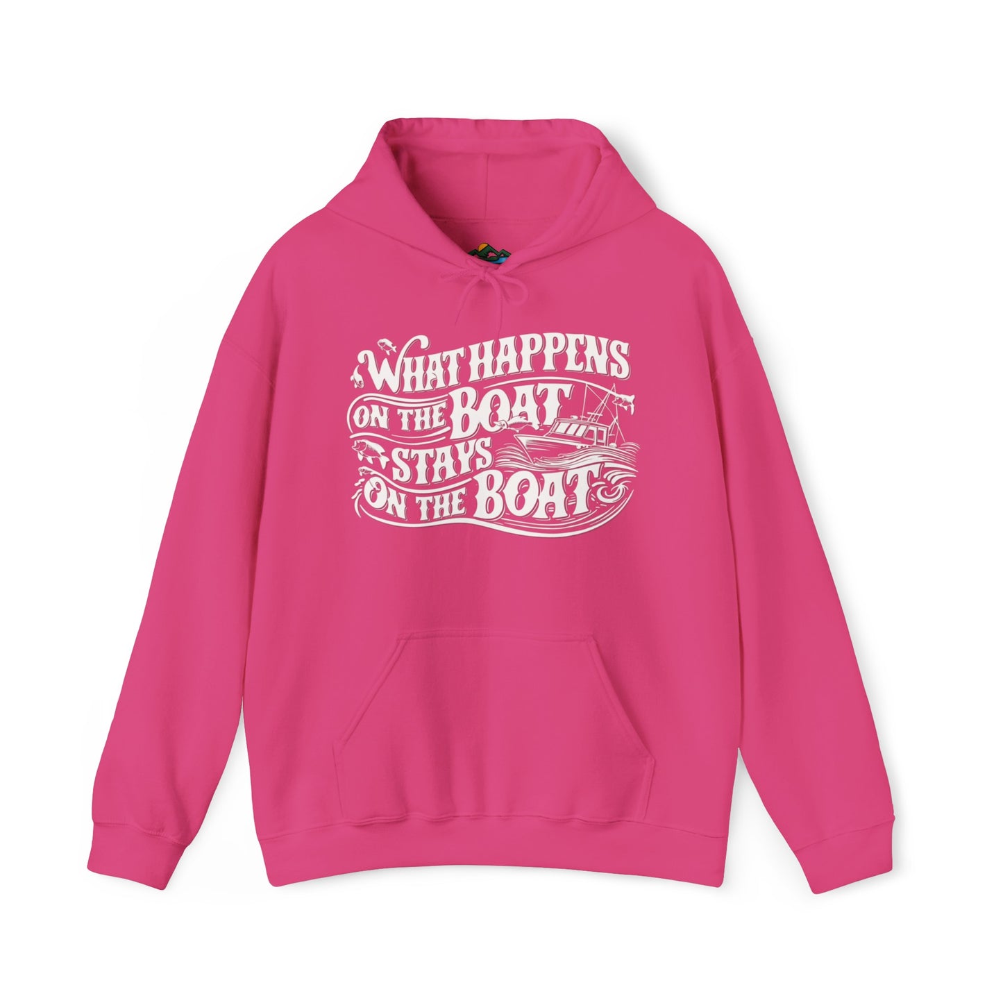 What Happens on the Boat, Stays on the Boat - Cotton/Poly Blend Hoodie - 7 Color Choices featuring white text that says "What Happens on the Boat Stays on the Boat" with fishing hooks and a boat illustration integrated into the design. The unisex hooded sweatshirt has a front pocket and drawstring hood, perfect for those with an adventurous spirit.