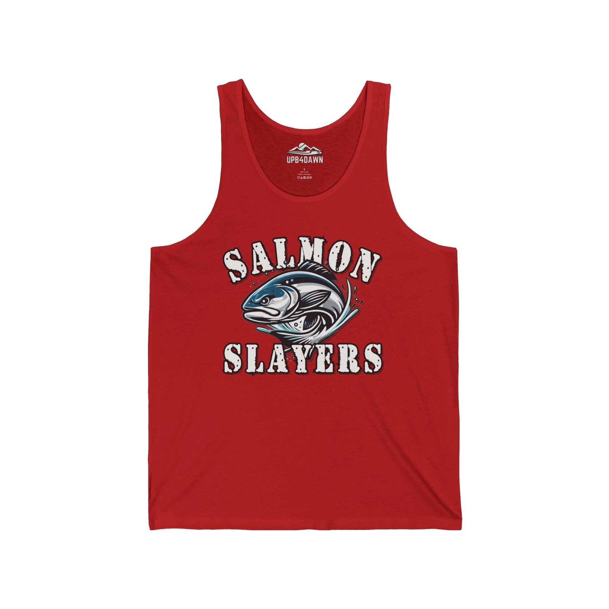 A dark green unisex jersey tank top featuring the text "Salmon Slayers" in bold, distressed white letters. Below the text is a high quality print illustration of a salmon, predominantly blue and gray, with fishing hooks. Made from Airlume combed cotton, the brand name "Up & Clown" is visible on the inner label. This product is known as Salmon Slayers - Fierce Flash - Unisex Tank Top.