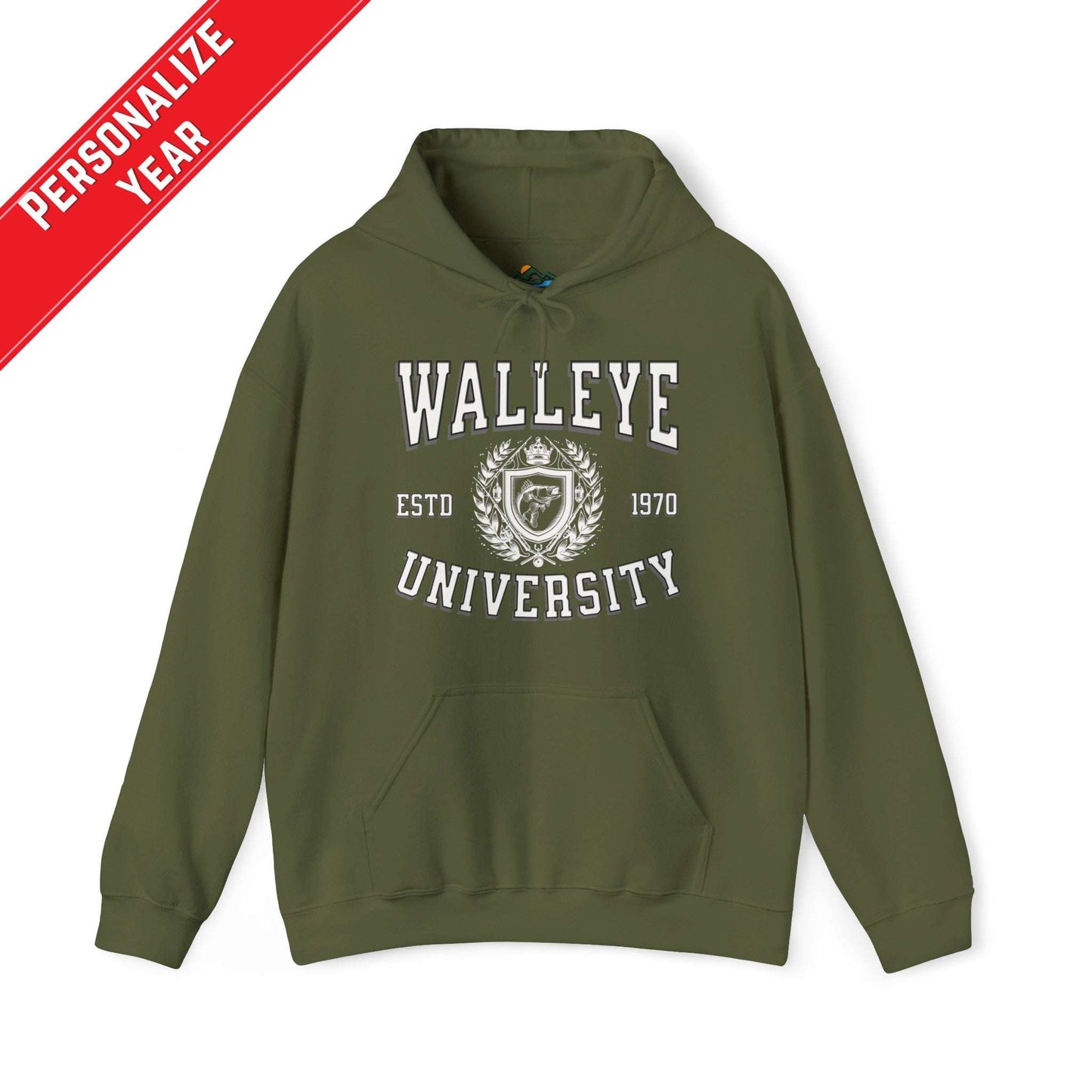 A gray Walleye University - Cotton/Poly Blend Hoodie - 7 Colors with the text "Walleye University" in large black letters and "ESTD 1970" underneath, accompanied by a Walleye University Crest. A red diagonal banner reads "Personalize Year." The hoodie has a front pocket and drawstrings, perfect for showing angler pride.