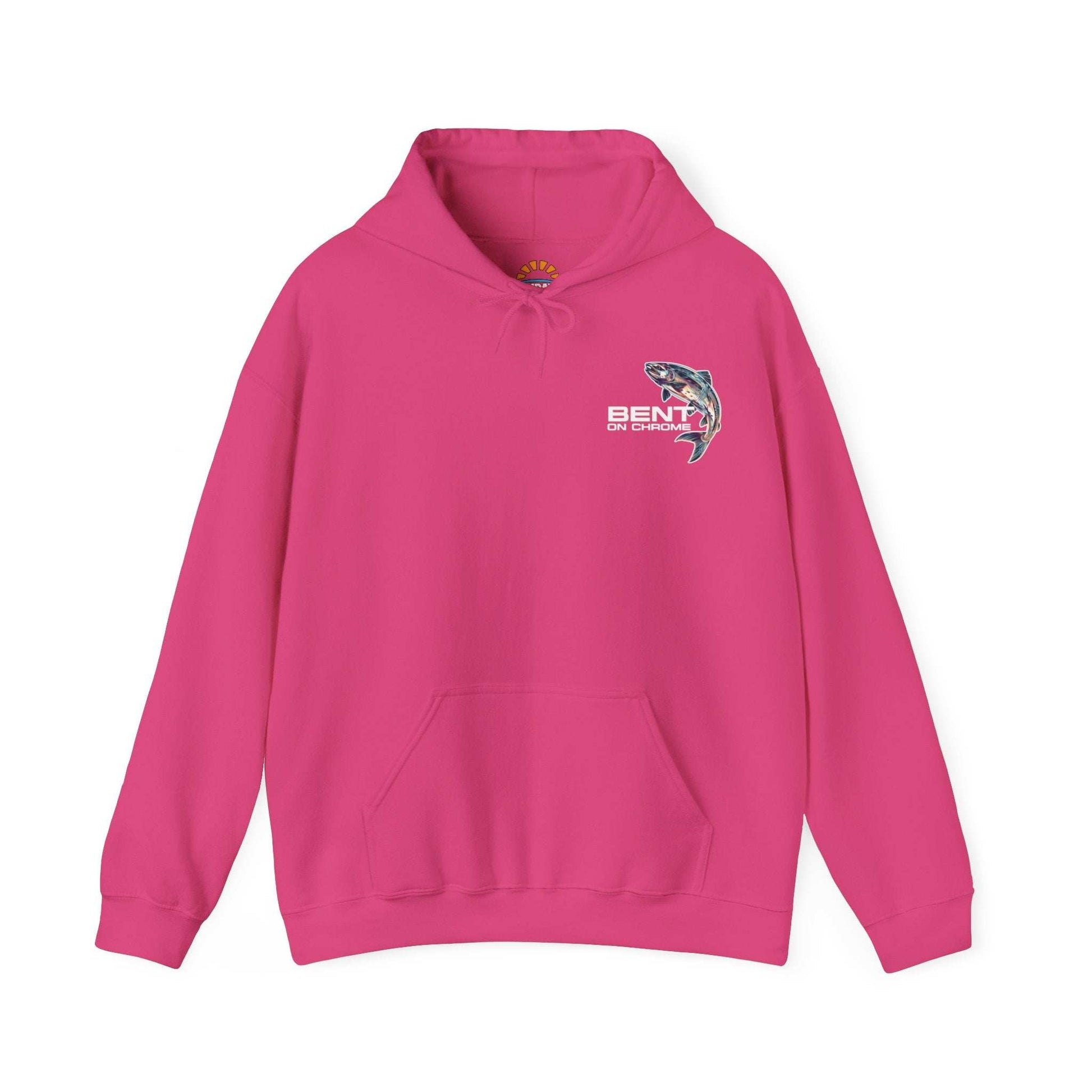 A Bent On Chrome - Silver Salmon - Cotton/Poly Blend Hoodie featuring a colorful graphic of a fish, with the text "Bent On Chrome" underneath, displayed on a white background.