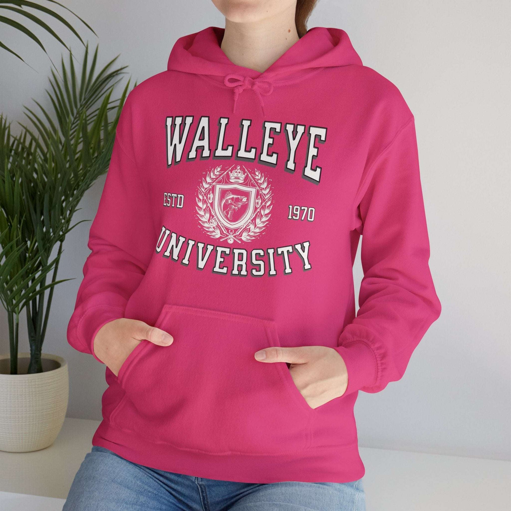 A gray Walleye University - Cotton/Poly Blend Hoodie - 7 Colors with the text "Walleye University" in large black letters and "ESTD 1970" underneath, accompanied by a Walleye University Crest. A red diagonal banner reads "Personalize Year." The hoodie has a front pocket and drawstrings, perfect for showing angler pride.