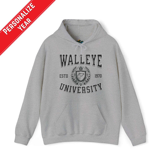 A gray Walleye University - Cotton/Poly Blend Hoodie - 7 Colors with the text "Walleye University" in large black letters and "ESTD 1970" underneath, accompanied by a Walleye University Crest. A red diagonal banner reads "Personalize Year." The hoodie has a front pocket and drawstrings, perfect for showing angler pride.