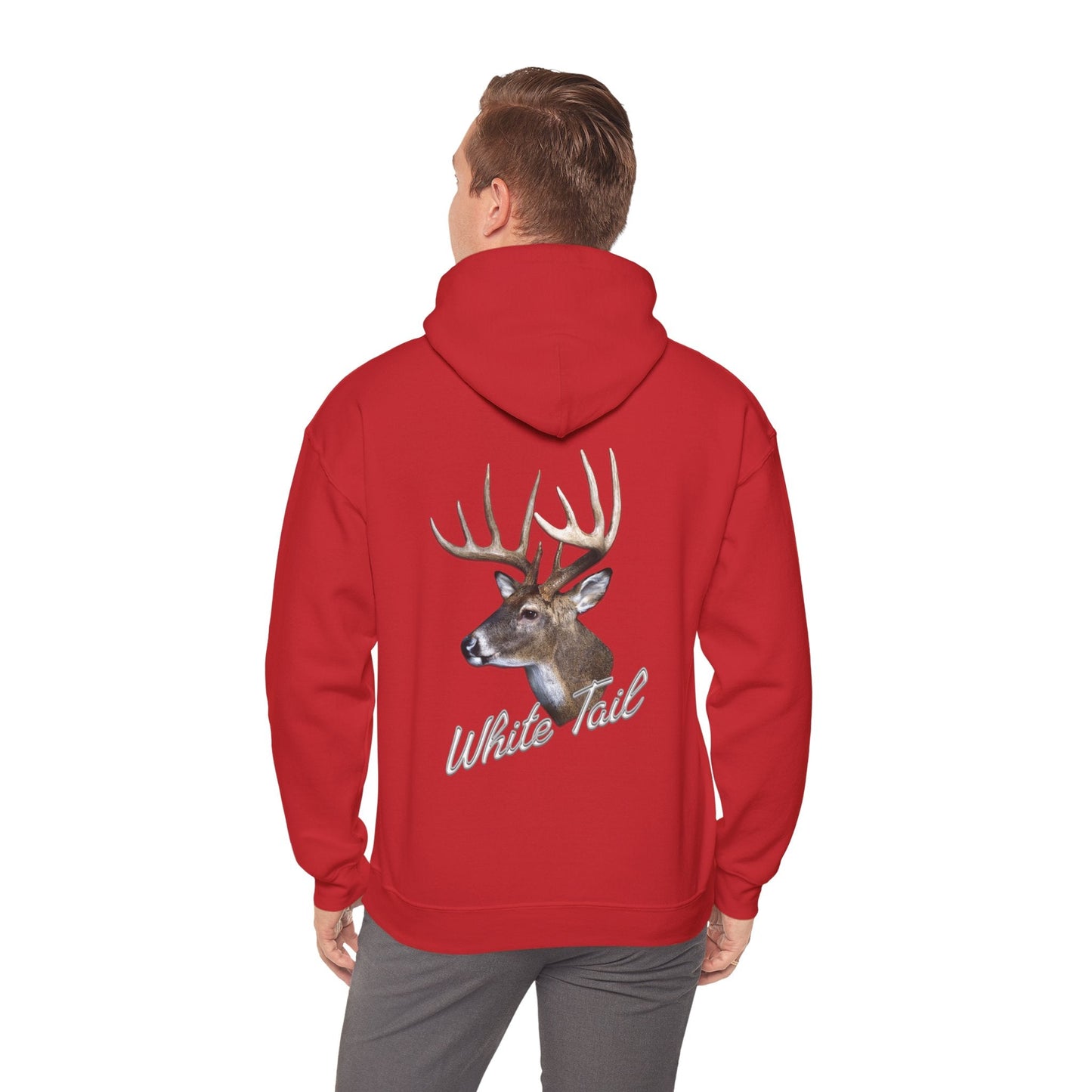 Red hoodie featuring a realistic white-tail deer head and "White Tail" inscription on the back, honoring hunting tradition.