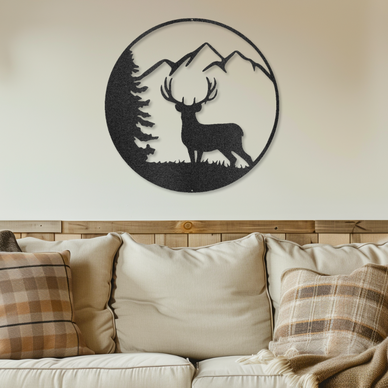 Graceful deer laser-cut steel sign in a cozy living room setting.