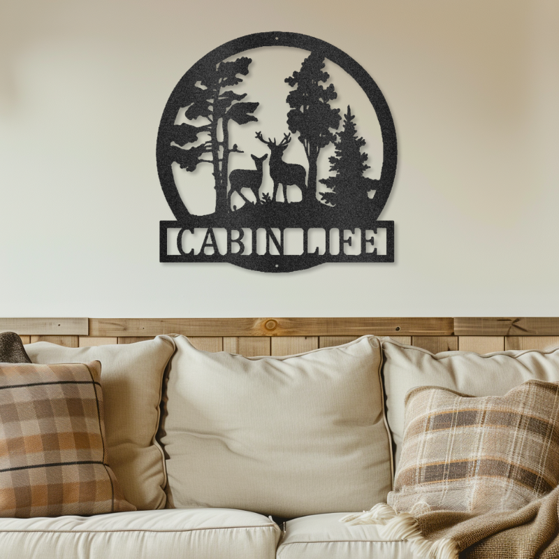 Customizable laser-cut steel sign featuring deer in the woods with personalization space, available in various sizes.