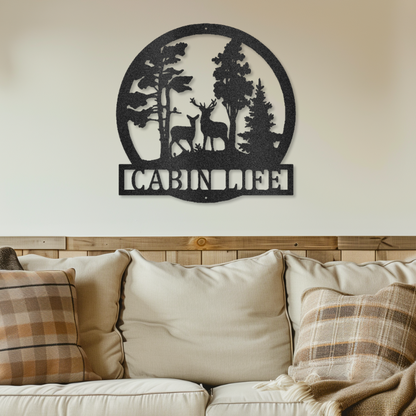 Customizable laser-cut steel sign featuring deer in the woods with personalization space, available in various sizes.