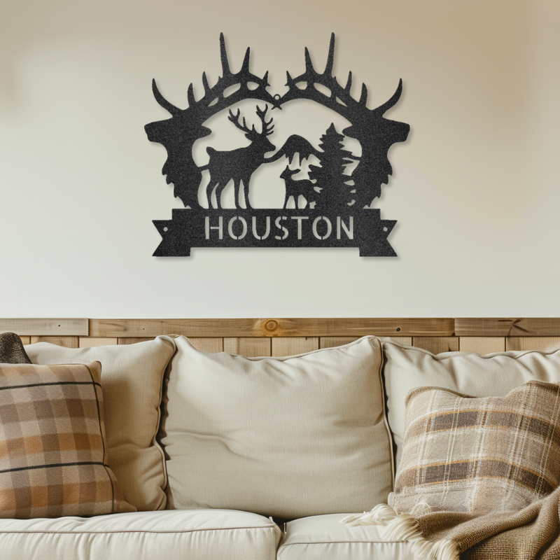 Big Antler Monogram customizable laser-cut steel sign displaying antlers with a forest scene for personalized home decor.