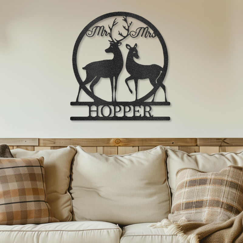 Customizable laser-cut steel sign featuring Mr. and Mrs. Deer monogram above personalized family name, perfect for nature-loving couples.