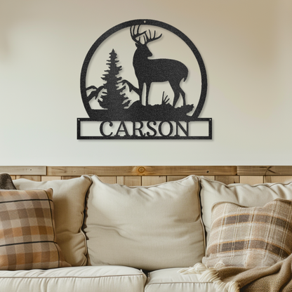 Customizable laser-cut steel sign featuring buck, tree, and mountain silhouette, perfect for outdoor decor.