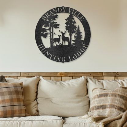 Deer Scene - Customizable Laser-Cut Steel Sign featuring a buck and doe in woodland setting, personalized with family name or message, displayed on a living room wall.