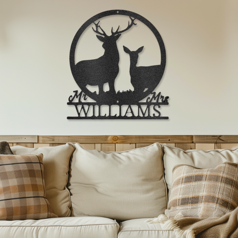 Customizable laser-cut steel sign featuring a stag and doe monogram, symbolizing unity and grace, with space for a family name.