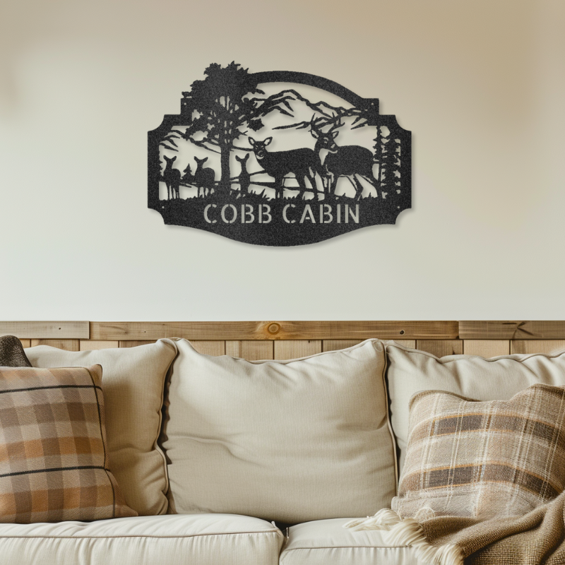 Deer Family Monogram customizable laser-cut steel sign on wall above sofa.