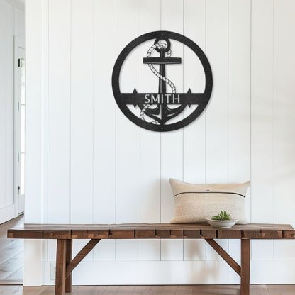 Customizable laser-cut steel sign with an anchor design, perfect for nautical decor.